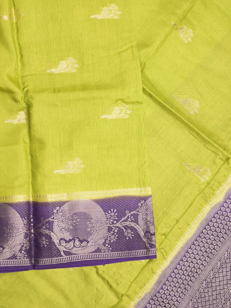 Tabby silk fancy saree parrot green color allover zari motifs & zari border with rich pallu and contrast blouse