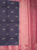 Tabby silk fancy saree navy blue color allover zari motifs & zari border with rich pallu and contrast blouse
