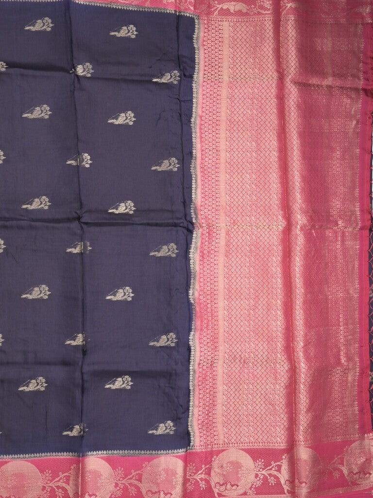 Tabby silk fancy saree navy blue color allover zari motifs & zari border with rich pallu and contrast blouse