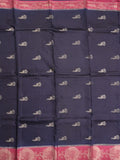 Tabby silk fancy saree navy blue color allover zari motifs & zari border with rich pallu and contrast blouse