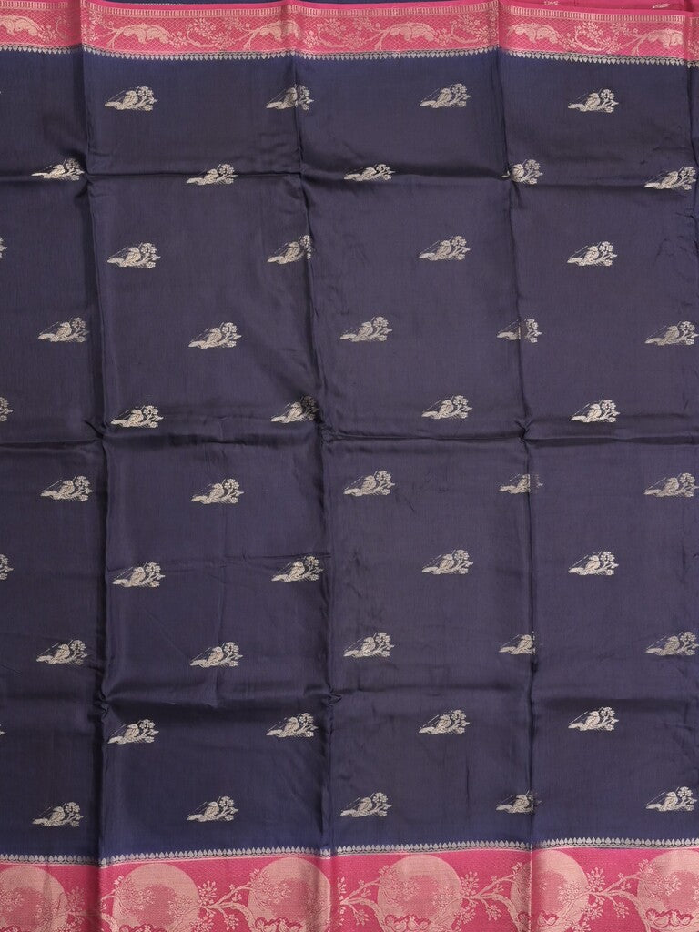 Tabby silk fancy saree navy blue color allover zari motifs & zari border with rich pallu and contrast blouse
