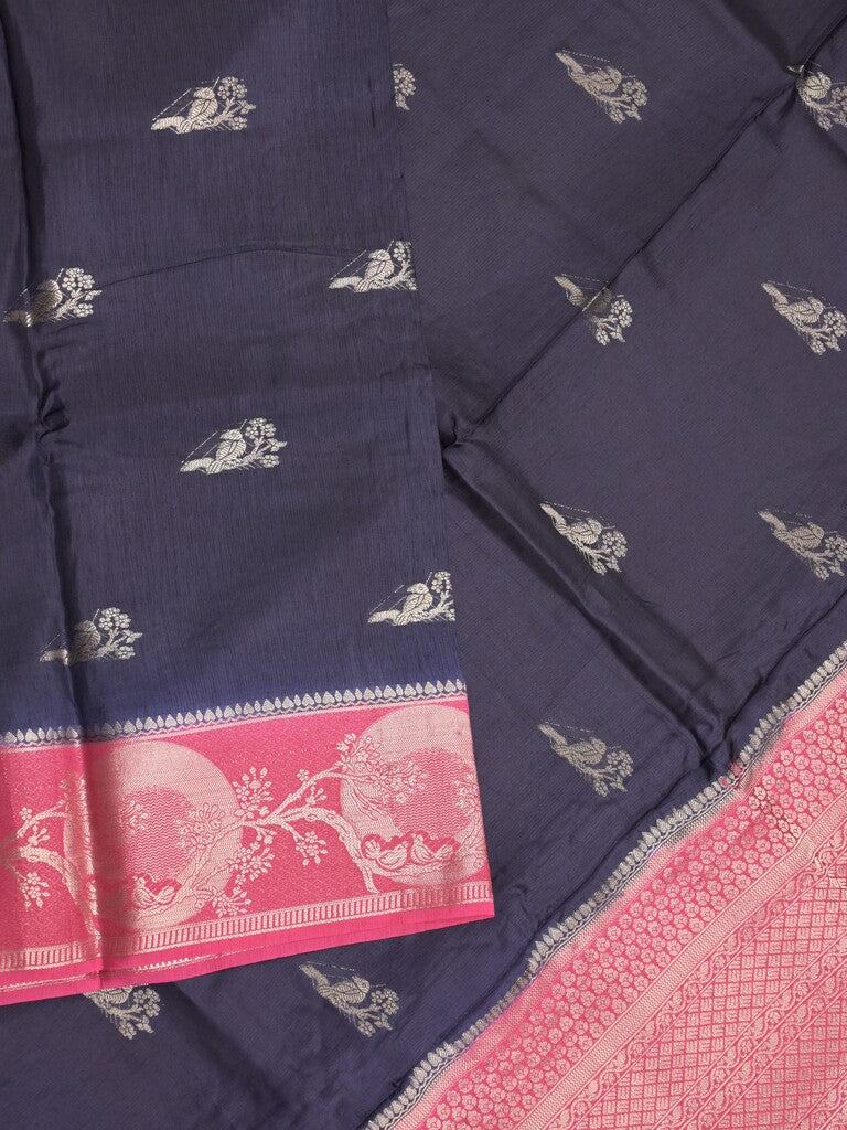 Tabby silk fancy saree navy blue color allover zari motifs & zari border with rich pallu and contrast blouse
