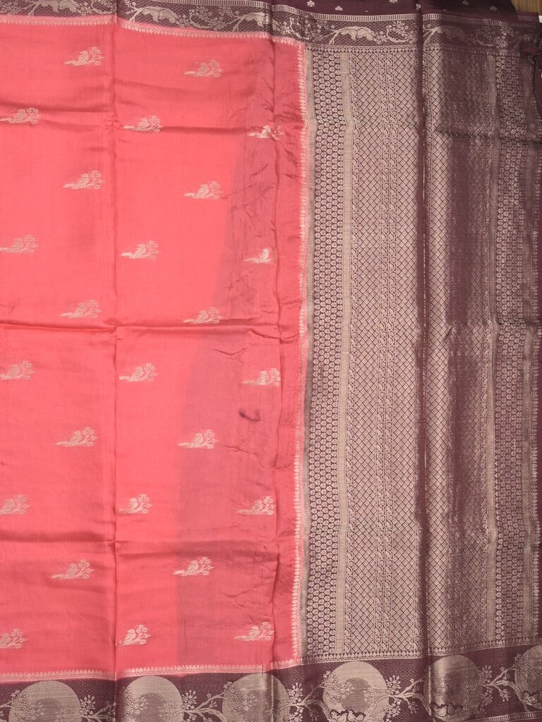 Tabby silk fancy saree coral pink color allover zari motifs & zari border with rich pallu and contrast blouse