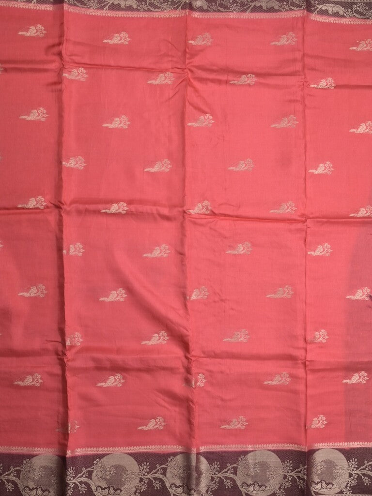 Tabby silk fancy saree coral pink color allover zari motifs & zari border with rich pallu and contrast blouse