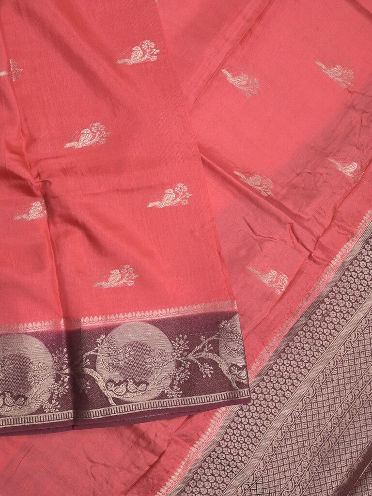 Tabby silk fancy saree coral pink color allover zari motifs & zari border with rich pallu and contrast blouse