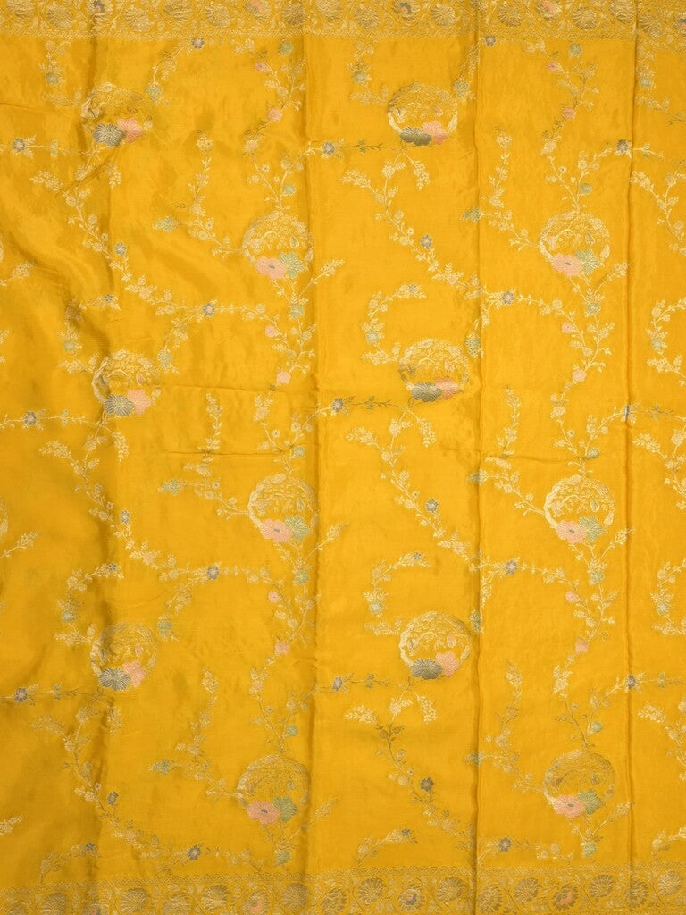 Chinnon fancy saree golden yellow color allover zari weaves & zari border with rich pallu and plain blouse