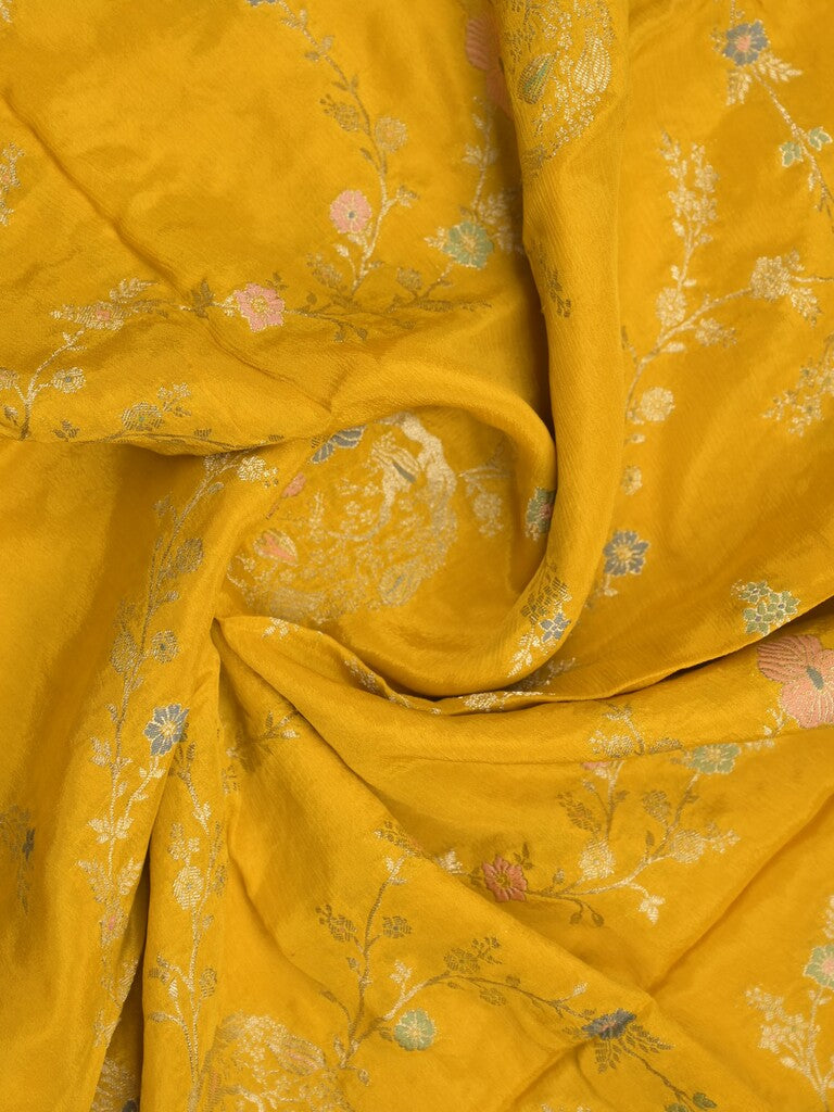 Chinnon fancy saree golden yellow color allover zari weaves & zari border with rich pallu and plain blouse