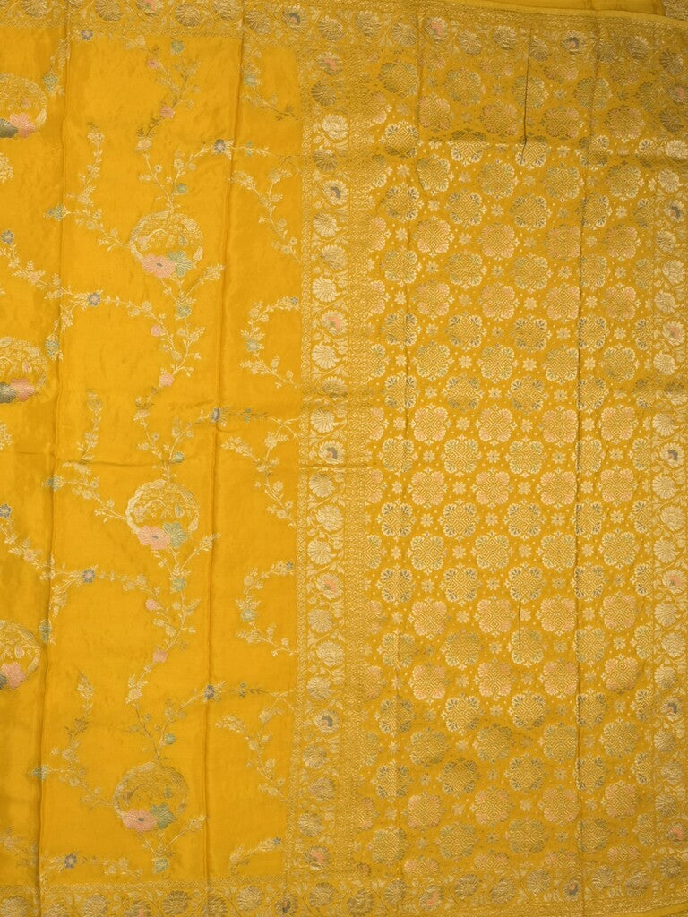 Chinnon fancy saree golden yellow color allover zari weaves & zari border with rich pallu and plain blouse