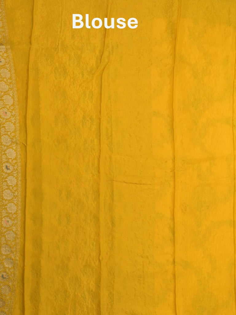 Chinnon fancy saree golden yellow color allover zari weaves & zari border with rich pallu and plain blouse