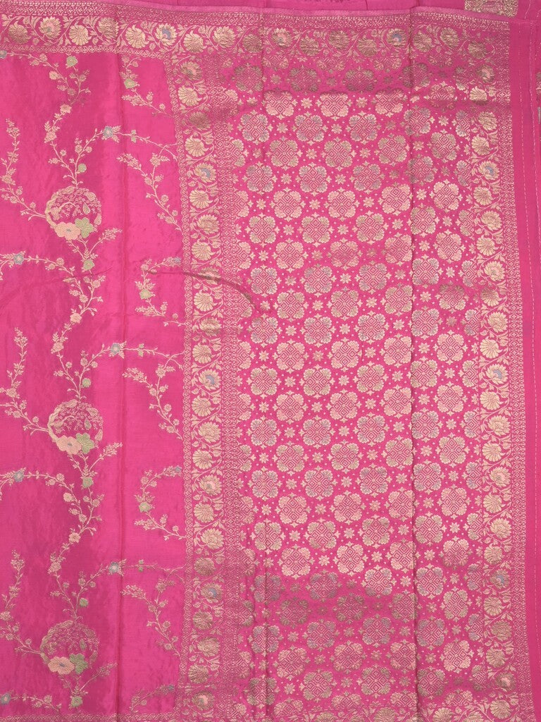 Chinnon fancy saree pink color allover zari weaves & zari border with rich pallu and plain blouse