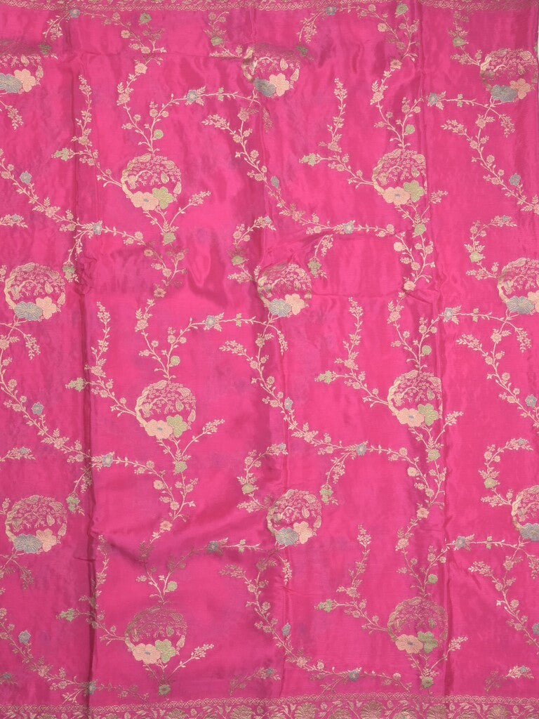 Chinnon fancy saree pink color allover zari weaves & zari border with rich pallu and plain blouse
