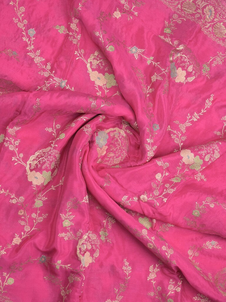 Chinnon fancy saree pink color allover zari weaves & zari border with rich pallu and plain blouse