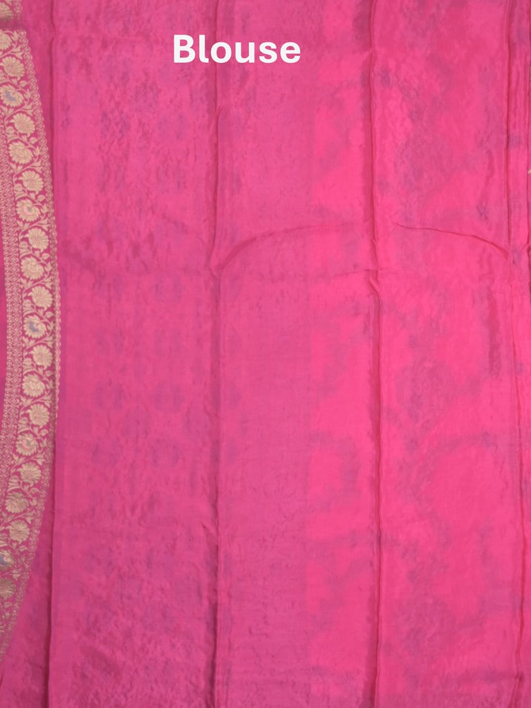 Chinnon fancy saree pink color allover zari weaves & zari border with rich pallu and plain blouse