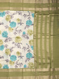 Maheshwari fancy saree white and olive green color allover prints & zari border with contrast pallu and printed blouse