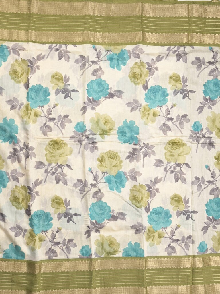 Maheshwari fancy saree white and olive green color allover prints & zari border with contrast pallu and printed blouse