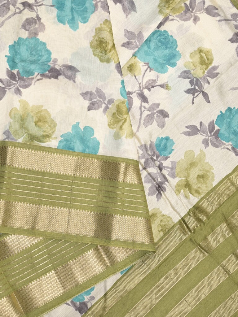 Maheshwari fancy saree white and olive green color allover prints & zari border with contrast pallu and printed blouse