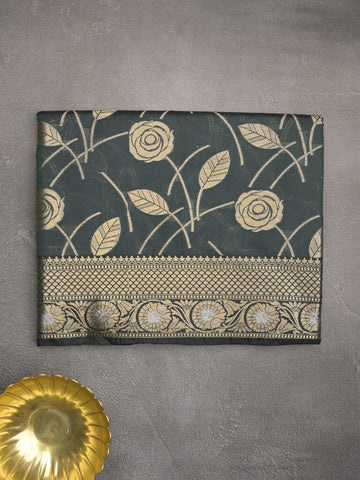Banaras fancy saree dark grey color allover zari weaves & zari border with zari pallu and brocade blouse
