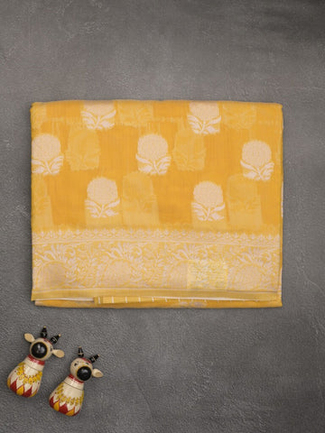 Chanderi fancy saree light yellow color allover motifs & zari border with self pallu and plain blouse