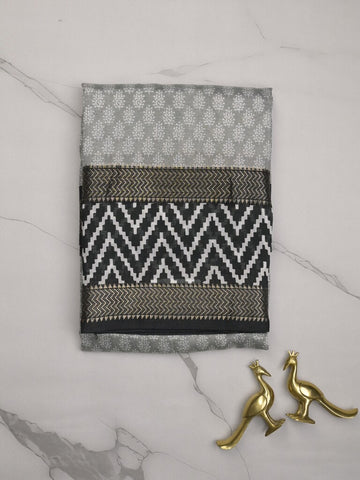 Maheshwari fancy saree light grey color allover prints & zari, printed border with contrast pallu and plain blouse