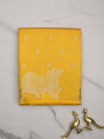 Dupion fancy saree yellow color allover zari motifs & zari border with rich pallu and running blouse