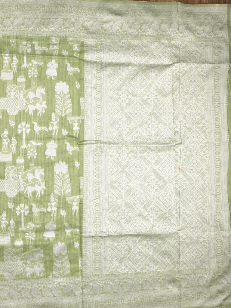 Chanderi fancy saree light olive green color allover motifs & zari border with self pallu and plain blouse
