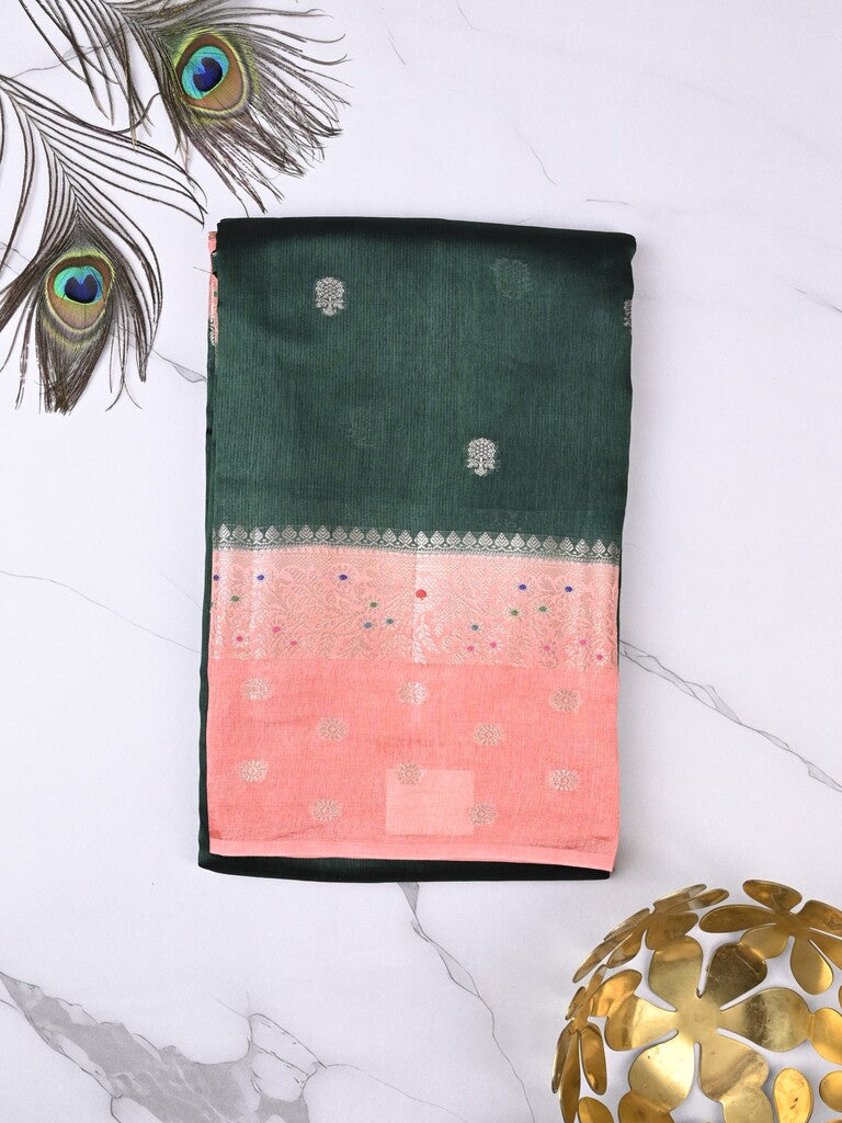 Raw mango fancy saree bottle green color allover zari weaves & zari border with short pallu and contrast blouse