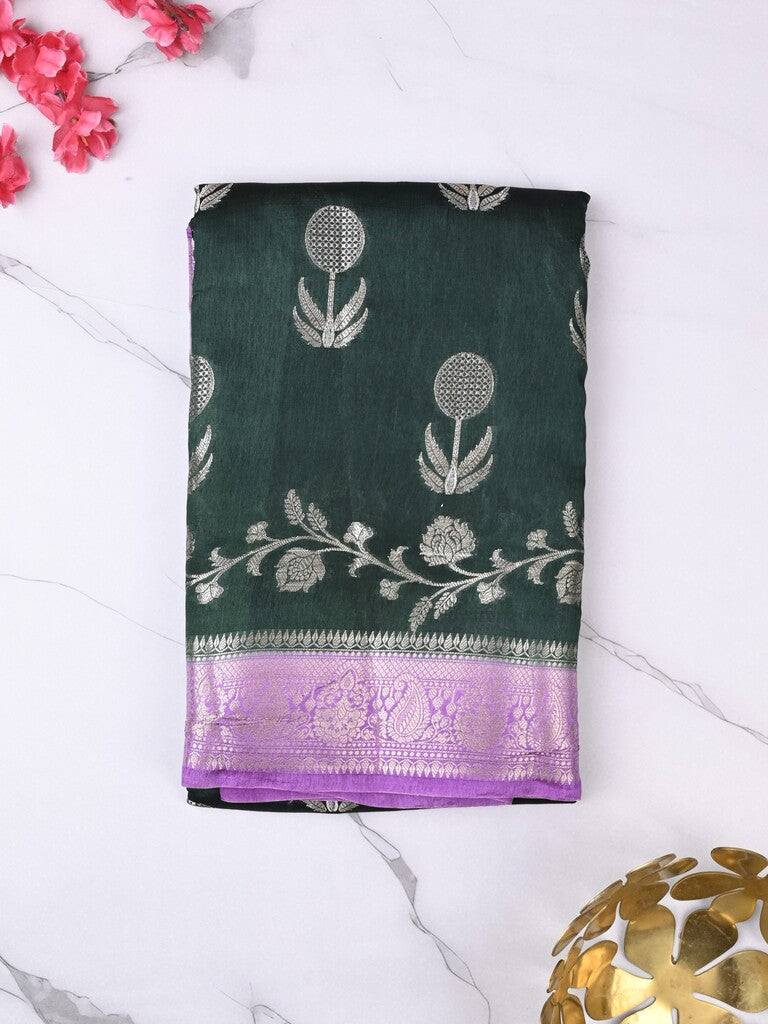 Raw mango fancy saree black color allover zari weaves & zari border with short pallu and contrast blouse