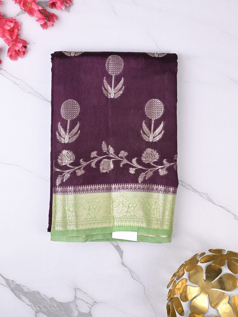 Raw mango fancy saree dark wine color allover zari weaves & zari border with short pallu and contrast blouse