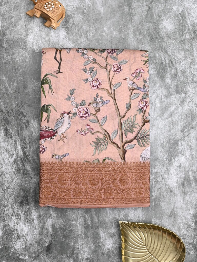 Chanderi fancy saree light peach color allover prints & zari border with short pallu and printed blouse