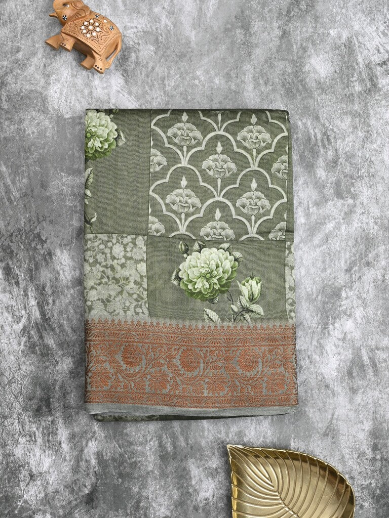 Chanderi fancy saree grey color allover prints & zari border with short pallu and printed blouse