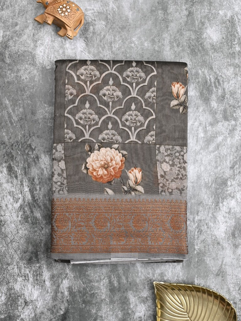 Chanderi fancy saree dark grey color allover prints & zari border with short pallu and printed blouse