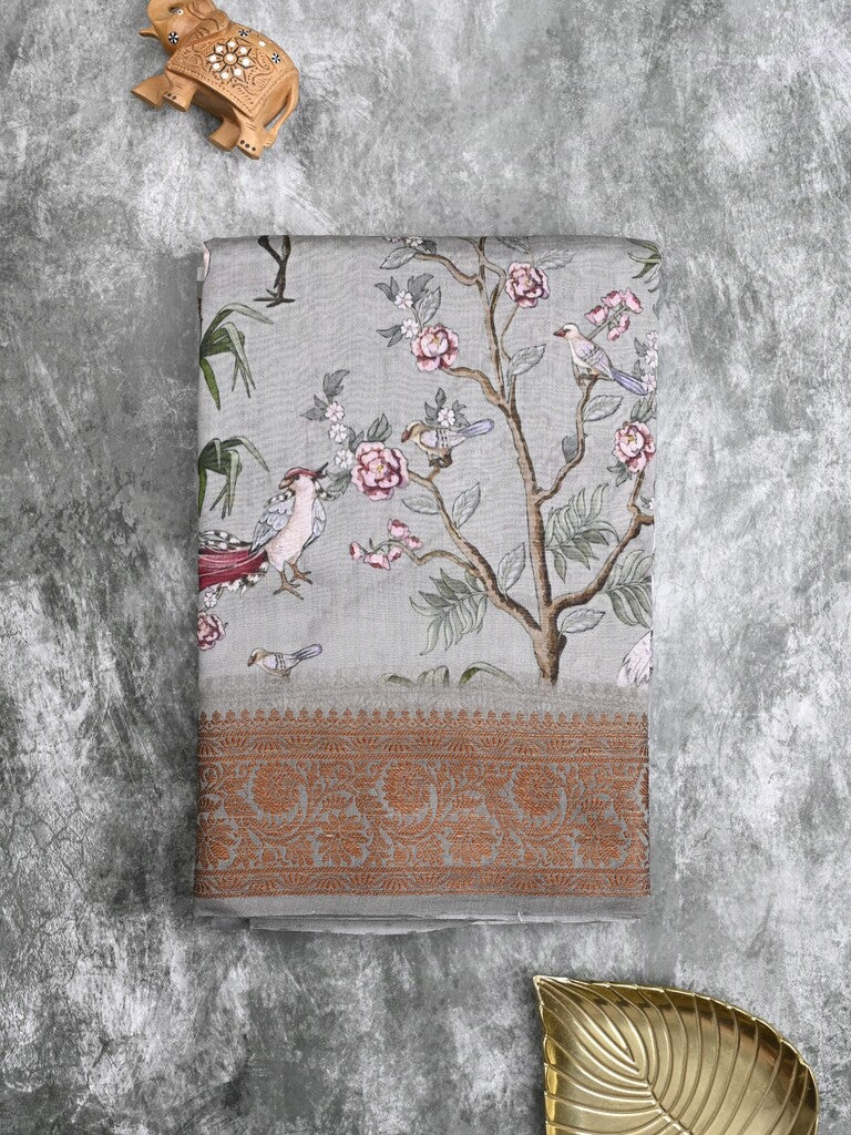 Chanderi fancy saree grey color allover prints & zari border with short pallu and printed blouse