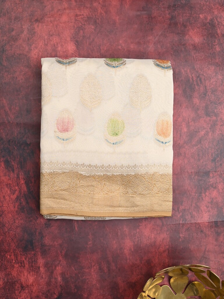 Georgette fancy saree white color allover zari motifs & zari border with zari pallu and contrast plain blouse