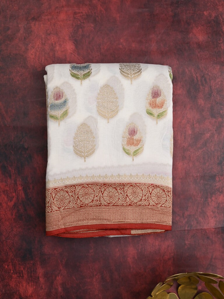 Georgette fancy saree white color allover zari motifs & zari border with zari pallu and contrast plain blouse