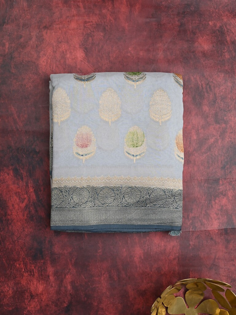 Georgette fancy saree pastel blue color allover zari motifs & zari border with zari pallu and contrast plain blouse