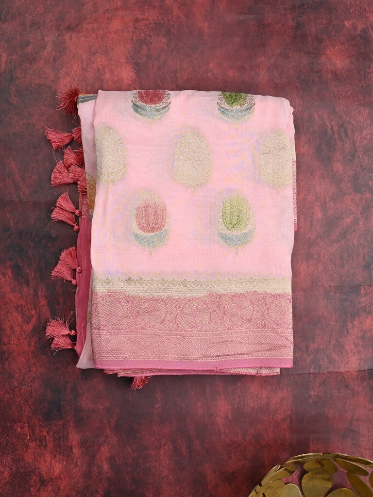 Georgette fancy saree pastel pink color allover zari motifs & zari border with zari pallu and contrast plain blouse