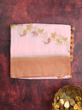 Satin silk fancy saree pastel pink color allover zari weaves & zari border with zari pallu and plain self blouse