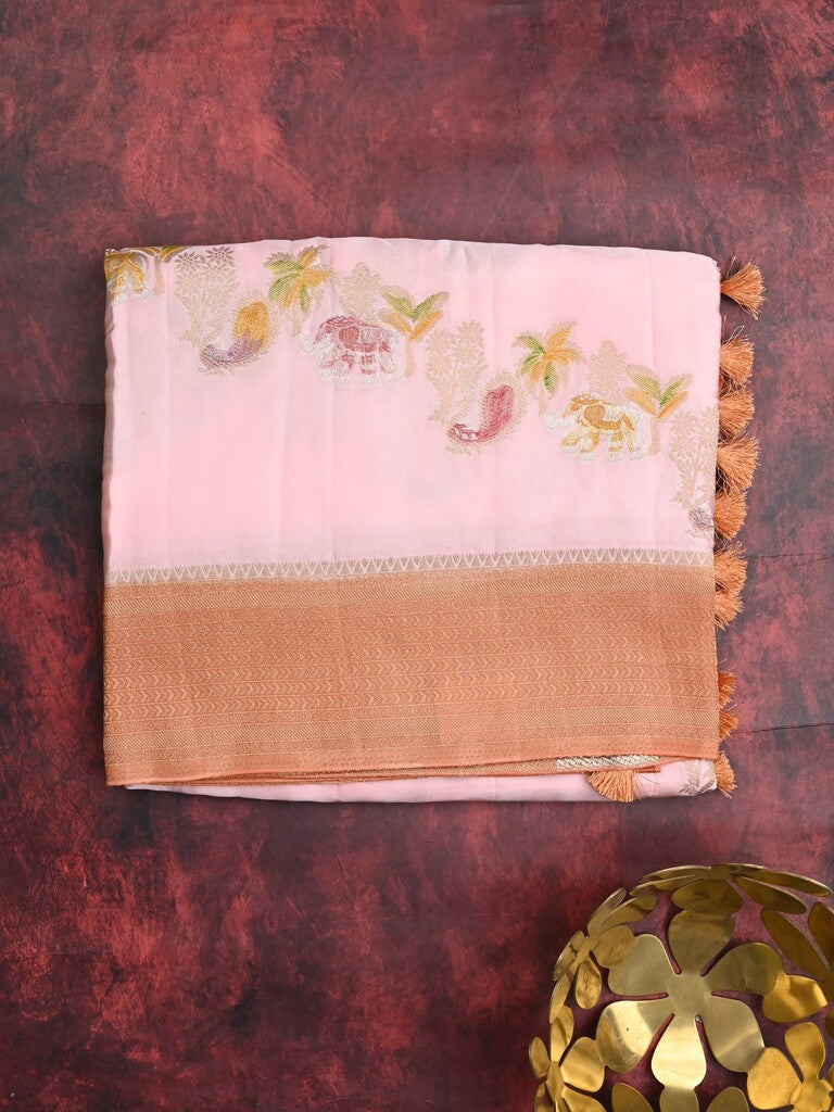 Satin silk fancy saree pastel pink color allover zari weaves & zari border with zari pallu and plain self blouse