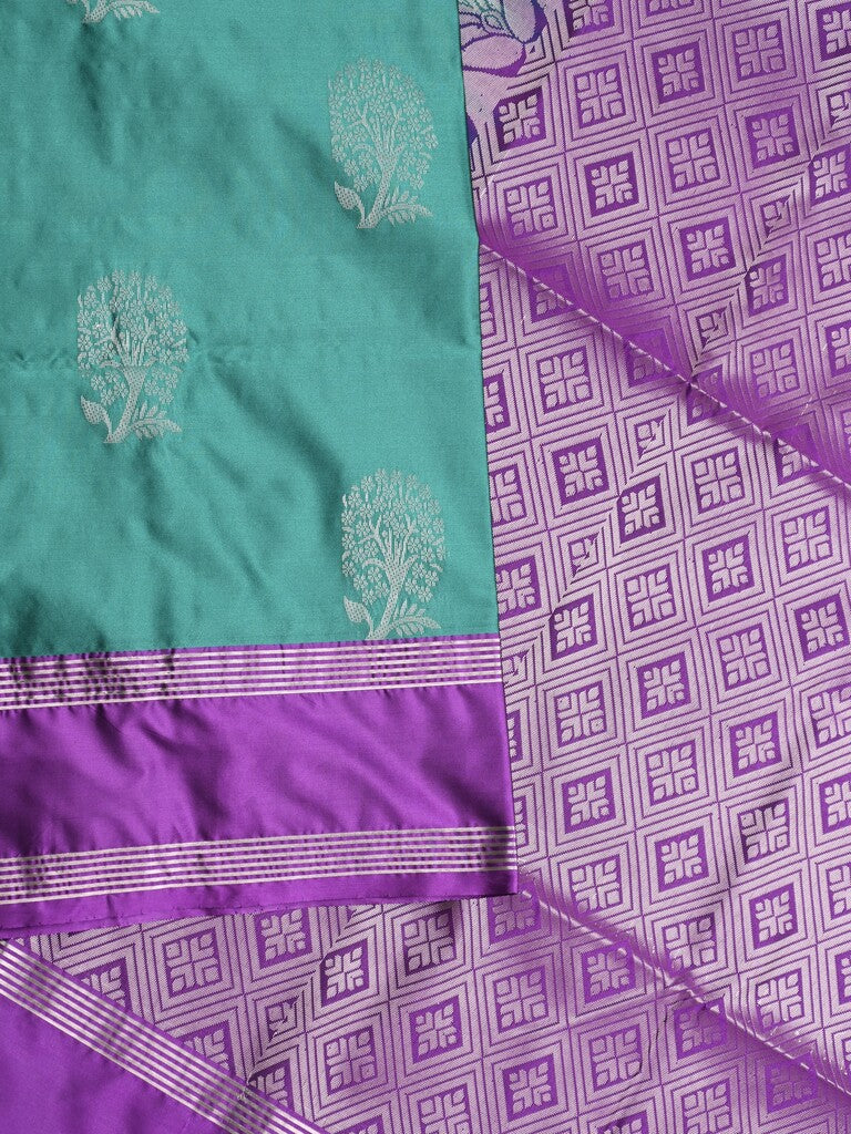 Vintage pattu saree peacock green color allover zari motifs & kaddi border with rich pallu and contrast plain blouse