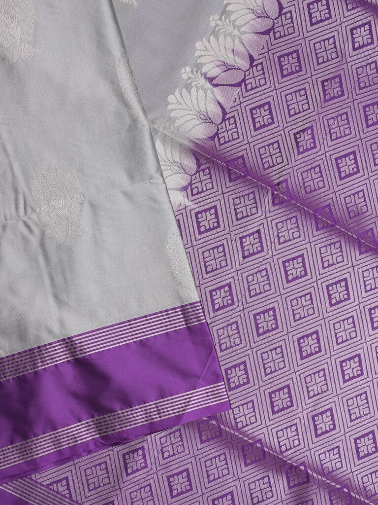 Vintage pattu saree grey color allover zari motifs & kaddi border with rich pallu and contrast plain blouse