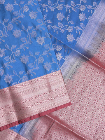 Kanchi pattu saree sky blue color allover zari weaves & zari border with rich pallu and plain blouse