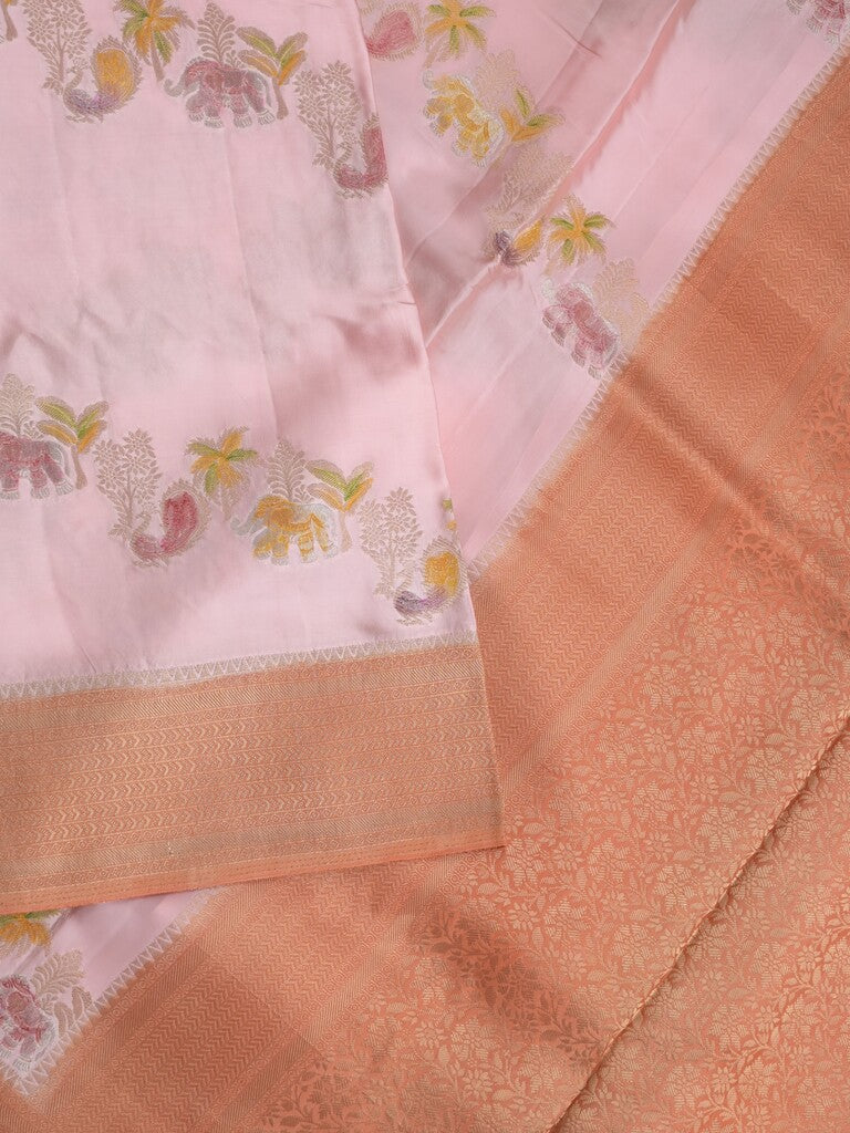 Satin silk fancy saree pastel pink color allover zari weaves & zari border with zari pallu and plain self blouse
