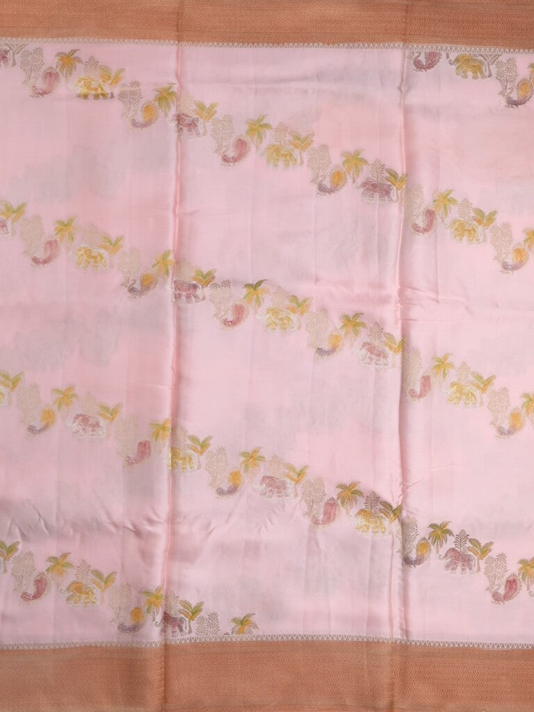 Satin silk fancy saree pastel pink color allover zari weaves & zari border with zari pallu and plain self blouse