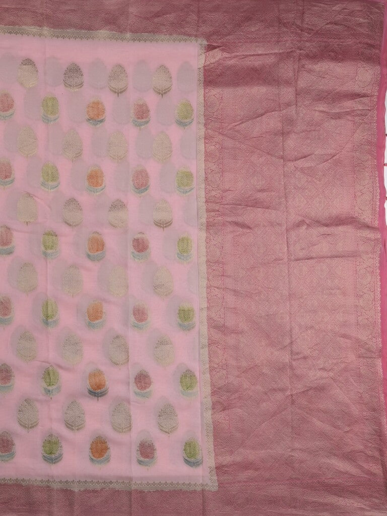 Georgette fancy saree pastel pink color allover zari motifs & zari border with zari pallu and contrast plain blouse