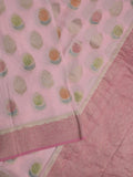 Georgette fancy saree pastel pink color allover zari motifs & zari border with zari pallu and contrast plain blouse