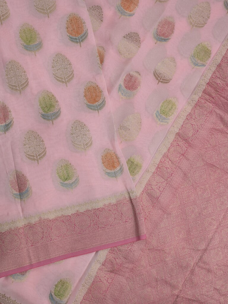 Georgette fancy saree pastel pink color allover zari motifs & zari border with zari pallu and contrast plain blouse