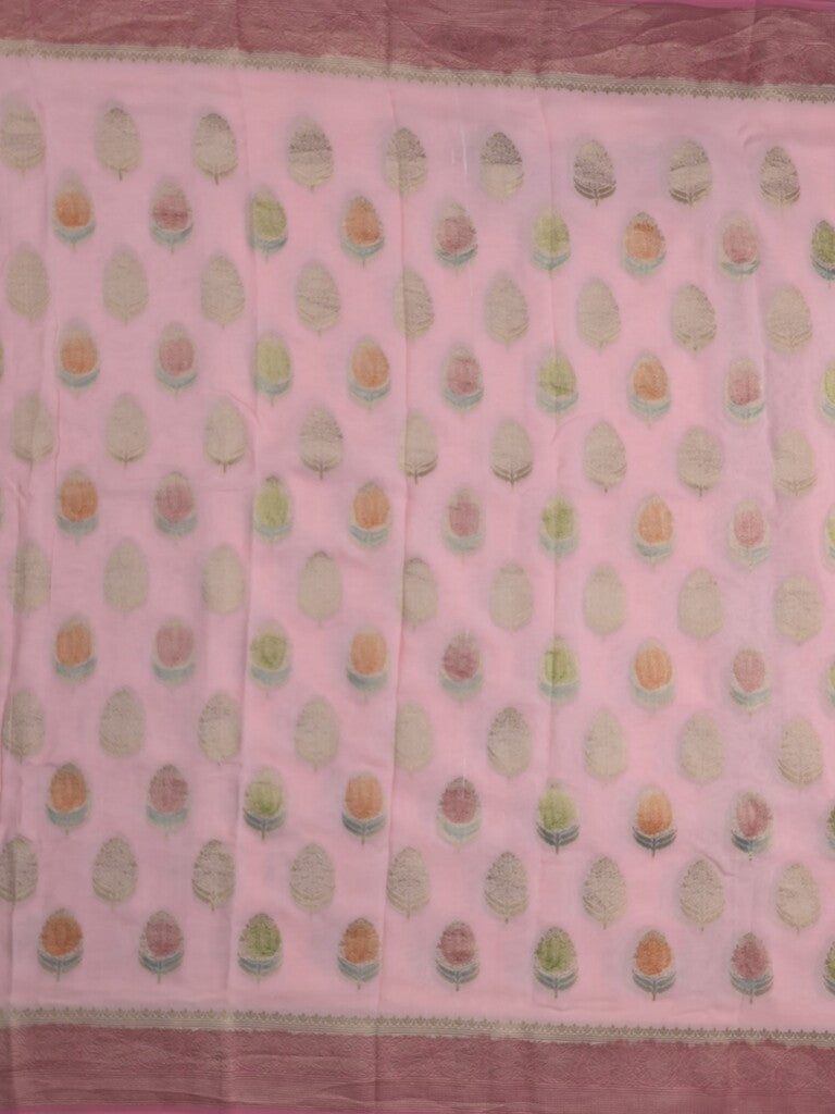 Georgette fancy saree pastel pink color allover zari motifs & zari border with zari pallu and contrast plain blouse