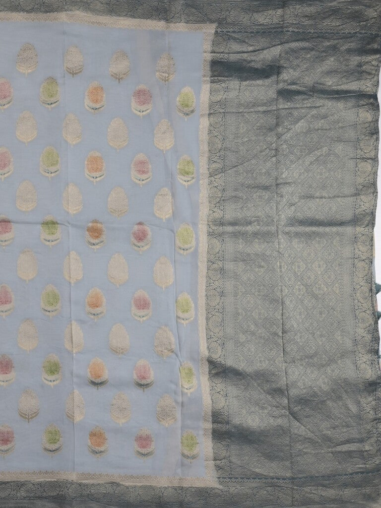 Georgette fancy saree pastel blue color allover zari motifs & zari border with zari pallu and contrast plain blouse