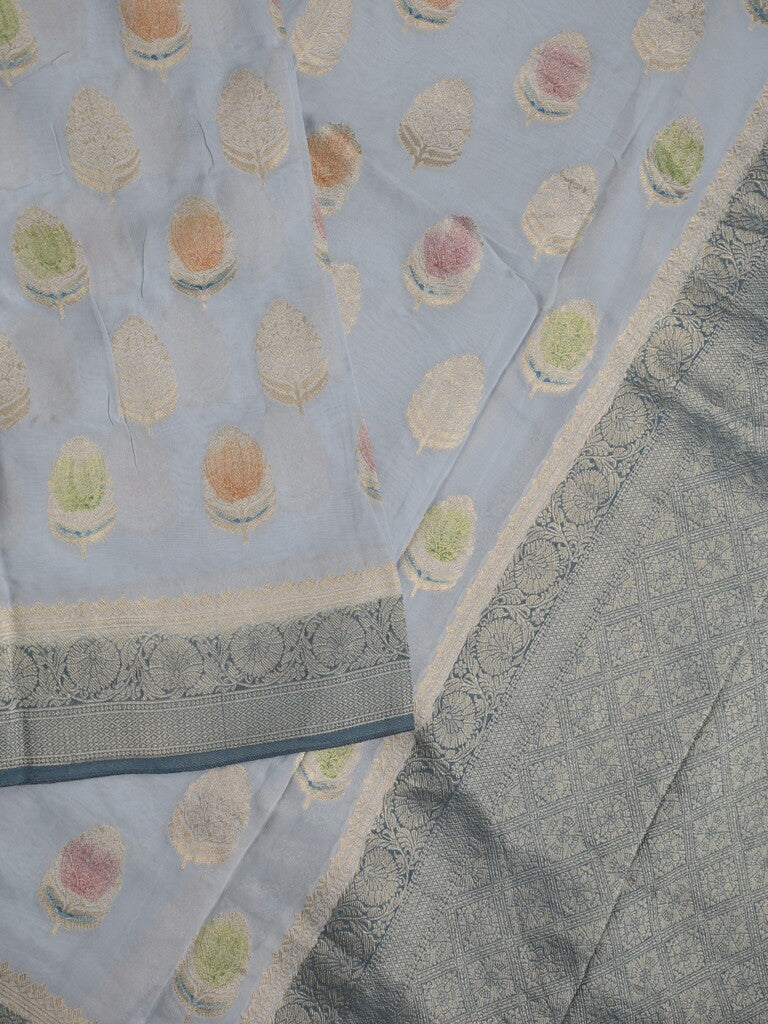 Georgette fancy saree pastel blue color allover zari motifs & zari border with zari pallu and contrast plain blouse