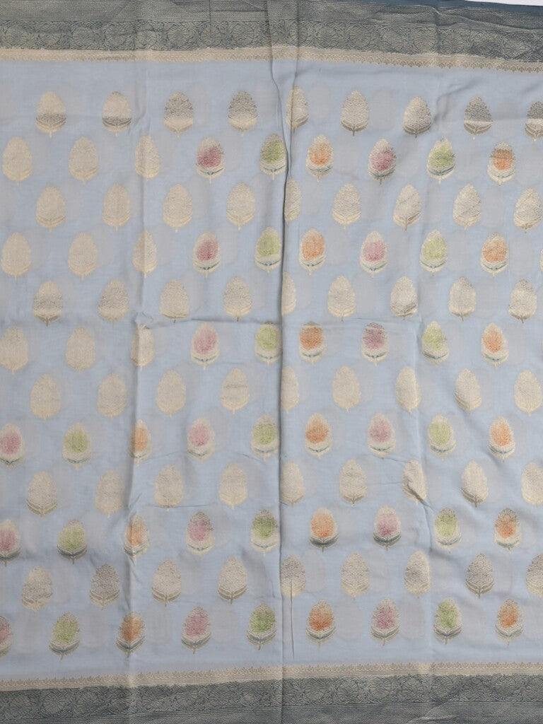 Georgette fancy saree pastel blue color allover zari motifs & zari border with zari pallu and contrast plain blouse